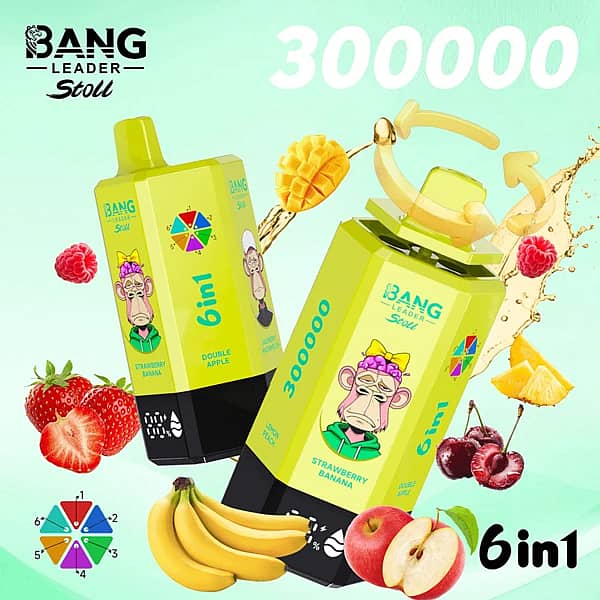 Bang Leader Stoll 300K 6-in-1 disposable vape with multi-flavor selection, featuring a yellow-green device design and fruity flavors
