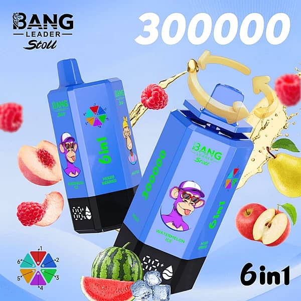 Bang Leader Stoll 300K 6-in-1 disposable vape with multi-flavor selection, featuring a blue device design and mixed fruit flavors