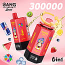 Bang Leader Stoll 300K 6-in-1 disposable vape with multi-flavor selection, featuring a red device design and fruit energy drink flavors