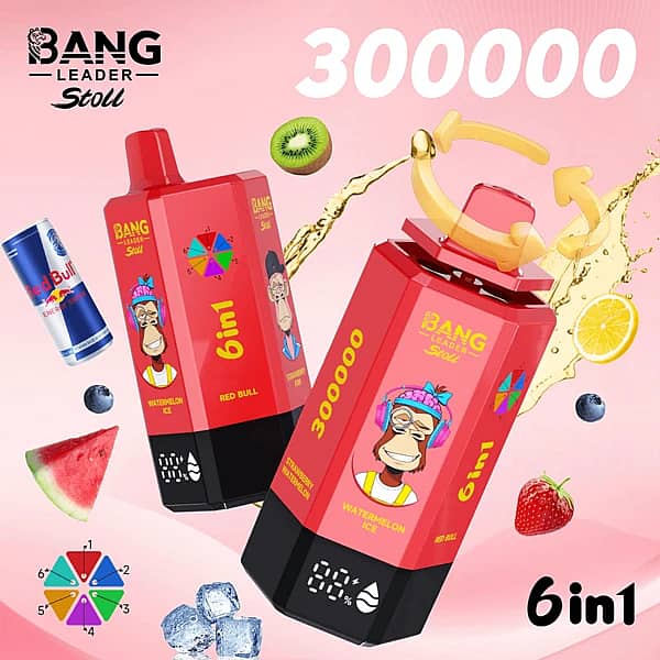 Bang Leader Stoll 300K 6-in-1 disposable vape with multi-flavor selection, featuring a red device design and fruit energy drink flavors