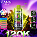 Bang Legend 120K 5-in-1 disposable vape with 360&deg; rotatable design, mesh coil, 50ml e-liquid and Type-C charging, featuring Blueberry Ice, Kiwi Passion Fruit Guava, Triple Melon, Peach Pineapple, and Passionate Kiss flavors