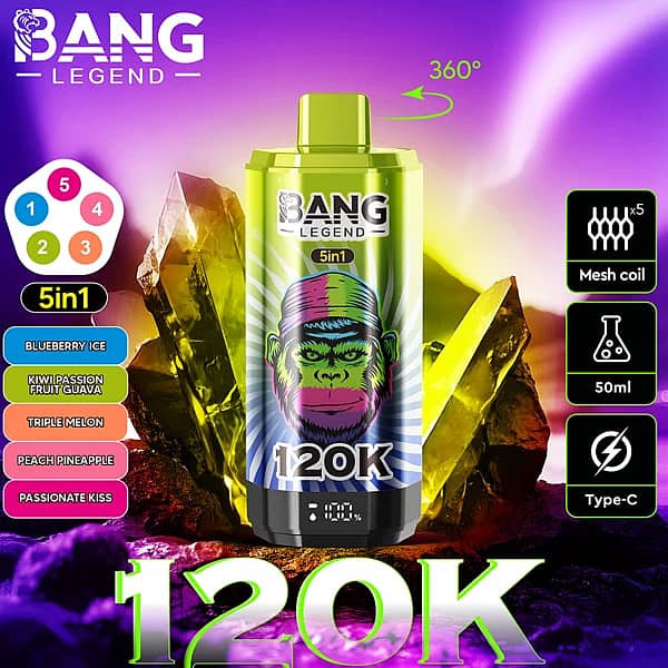 Bang Legend 120K 5-in-1 disposable vape with 360&deg; rotatable design, mesh coil, 50ml e-liquid and Type-C charging, featuring Blueberry Ice, Kiwi Passion Fruit Guava, Triple Melon, Peach Pineapple, and Passionate Kiss flavors