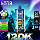 Bang Legend 120K 5-in-1 disposable vape with 360&deg; rotatable design, mesh coil, 50ml e-liquid and Type-C charging, featuring Blueberry Ice, Watermelon Bubblegum, Sour Apple Raspberry, Lotus Fruit Mango Melon, and Passion Fruit Kiwi Lime flavors