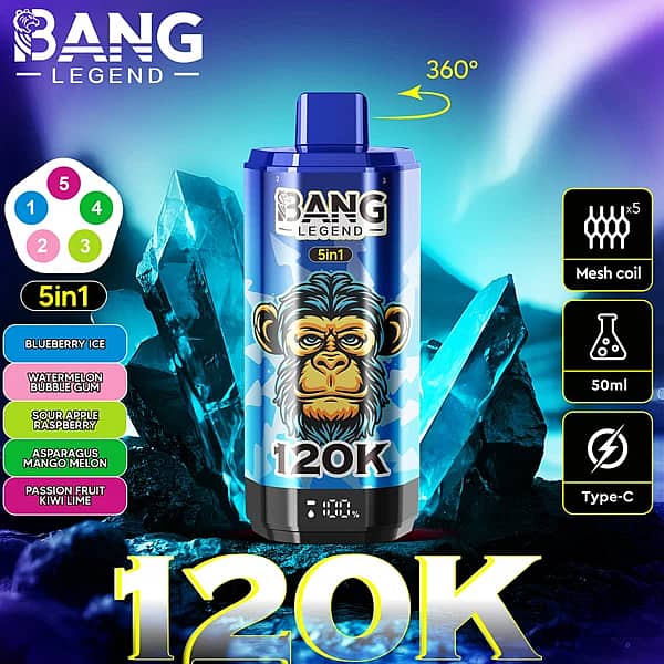 Bang Legend 120K 5-in-1 disposable vape with 360&deg; rotatable design, mesh coil, 50ml e-liquid and Type-C charging, featuring Blueberry Ice, Watermelon Bubblegum, Sour Apple Raspberry, Lotus Fruit Mango Melon, and Passion Fruit Kiwi Lime flavors