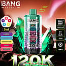 Bang Legend 120K 5-in-1 disposable vape with 360&deg; rotatable design, mesh coil, 50ml e-liquid and Type-C charging, featuring Blueberry Raspberry, Black Dragon Ice, Rainbow Candy, Fuji Ice, and Watermelon Sour Peach flavors