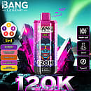 Bang Legend 120K 5-in-1 disposable vape with 360&deg; rotatable design, mesh coil, 50ml e-liquid and Type-C charging, featuring Blueberry Raspberry, Peach Mango Watermelon, Cherry Cola, Grape Blackberry Ice, and Mango Peach Apricot flavors