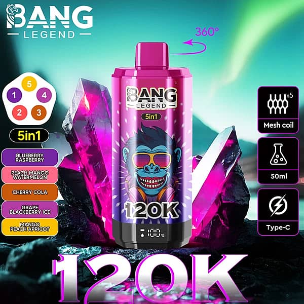 Bang Legend 120K 5-in-1 disposable vape with 360&deg; rotatable design, mesh coil, 50ml e-liquid and Type-C charging, featuring Blueberry Raspberry, Peach Mango Watermelon, Cherry Cola, Grape Blackberry Ice, and Mango Peach Apricot flavors