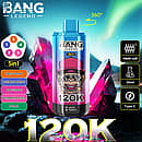 Bang Legend 120K 5-in-1 disposable vape with 360&deg; rotatable design, mesh coil, 50ml e-liquid and Type-C charging, featuring Energy Drink, Blueberry Cherry, Apple Grape, Watermelon Dragon Fruit, and Mamba flavors