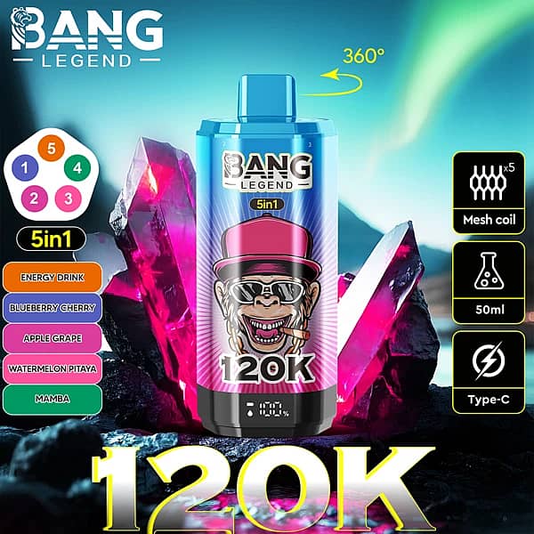 Bang Legend 120K 5-in-1 disposable vape with 360&deg; rotatable design, mesh coil, 50ml e-liquid and Type-C charging, featuring Energy Drink, Blueberry Cherry, Apple Grape, Watermelon Dragon Fruit, and Mamba flavors