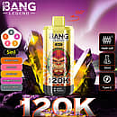 Bang Legend 120K 5-in-1 disposable vape with 360&deg; rotatable design, mesh coil, 50ml e-liquid and Type-C charging, featuring Energy Drink, Peach Ice, Mango Ice, Cranberry Grape, and Blackcurrant flavors