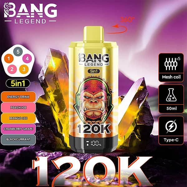 Bang Legend 120K 5-in-1 disposable vape with 360&deg; rotatable design, mesh coil, 50ml e-liquid and Type-C charging, featuring Energy Drink, Peach Ice, Mango Ice, Cranberry Grape, and Blackcurrant flavors