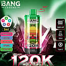 Bang Legend 120K 5-in-1 disposable vape with 360&deg; rotatable design, mesh coil, 50ml e-liquid and Type-C charging, featuring Strawberry Kiwi, Blueberry Watermelon, Gummy Bear, Blueberry Bubble Gum, and Sour Mango Pineapple flavors