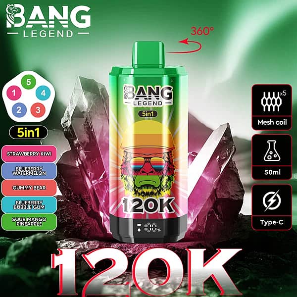Bang Legend 120K 5-in-1 disposable vape with 360&deg; rotatable design, mesh coil, 50ml e-liquid and Type-C charging, featuring Strawberry Kiwi, Blueberry Watermelon, Gummy Bear, Blueberry Bubble Gum, and Sour Mango Pineapple flavors