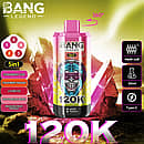 Bang Legend 120K 5-in-1 disposable vape with 360&deg; rotatable design, mesh coil, 50ml e-liquid and Type-C charging, featuring Strawberry Kiwi, Strawberry Banana, Lychee Ice, Watermelon Berry, and Passion Fruit Mango flavors