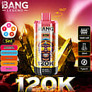 Bang Legend 120K 5-in-1 disposable vape with 360&deg; rotating flavor system, mesh coil, 50ml e-liquid and Type-C charging, featuring Strawberry Watermelon, Cantaloupe Apple, Cola Ice, Mango Peach, and Love 66 flavors
