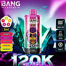 Bang Legend 120K 5-in-1 disposable vape with 360&deg; rotating flavor system, mesh coil, 50ml e-liquid and Type-C charging, featuring Strawberry Watermelon, Grape Ice, Red Mojito, Banana Ice, and Lemon Lime flavors