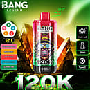 Bang Legend 120K 5-in-1 disposable vape with 360&deg; rotating flavor system, mesh coil, 50ml e-liquid and Type-C charging, featuring Watermelon Ice, Mixed Berry, Apple Pear, Blueberry Mint, and Summer Time flavors