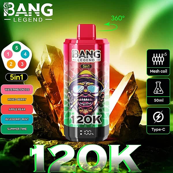 Bang Legend 120K 5-in-1 disposable vape with 360&deg; rotating flavor system, mesh coil, 50ml e-liquid and Type-C charging, featuring Watermelon Ice, Mixed Berry, Apple Pear, Blueberry Mint, and Summer Time flavors