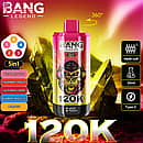 Bang Legend 120K 5-in-1 disposable vape with 360&deg; rotating flavor system, mesh coil, 50ml e-liquid and Type-C charging, featuring Watermelon Ice, Strawberry Mango, California Cherry, Blueberry Peach Ice, and Berry Ice flavors
