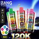 Bang Legend 120K 5-in-1 disposable vape devices in three color variants, featuring 120K puffs, mesh coil, 50ml e-liquid capacity, and Type-C charging