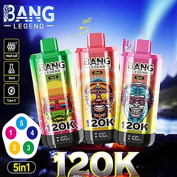 Bang Legend 120K 5-in-1 disposable vape devices in three color variants, featuring 120K puffs, mesh coil, 50ml e-liquid capacity, and Type-C charging