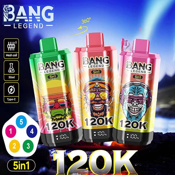 Bang Legend 120K 5-in-1 disposable vape devices in three color variants, featuring 120K puffs, mesh coil, 50ml e-liquid capacity, and Type-C charging