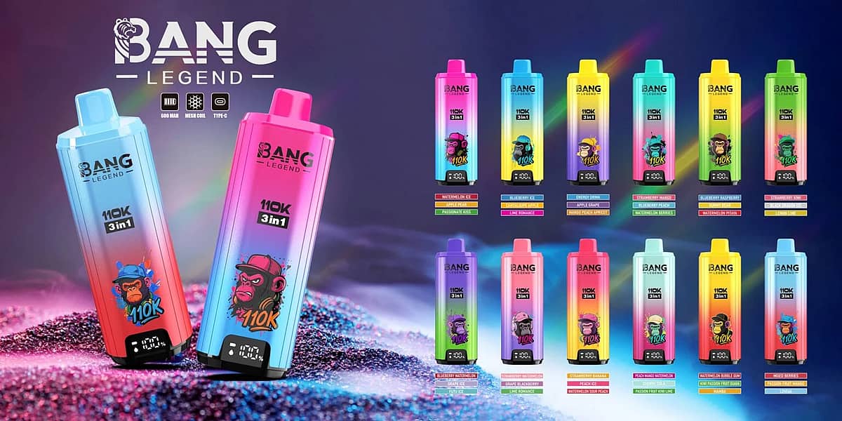 Bang Legend 110K 3-in-1 disposable vape lineup with 12 flavor combinations, 110000 puffs, Type-C charging, and digital display