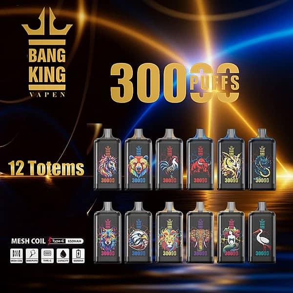 Bang King Crystal 30000 Puffs 12 Totems lineup image showing all flavors, mesh coil, Type-C rechargeable, 650mAh battery