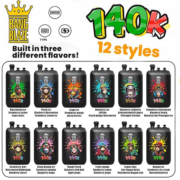 Bang Blaze 140K disposable vape flavor chart &ndash; 12 styles with built-in three different flavors (Type-C, Dual Mesh)