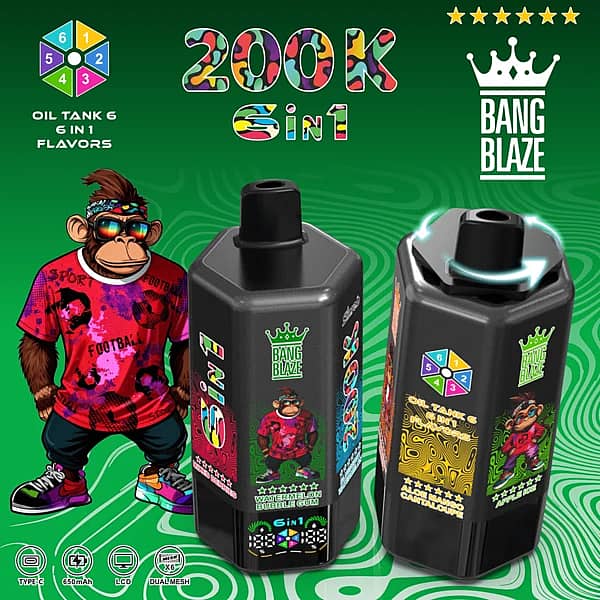 Bang Blaze 200K 6-in-1 disposable vape &ndash; Apple Ice, Mixed Berries, Watermelon Bubblegum, Blueberry Watermelon, Strawberry Mango, Aloe Mango Cantaloupe