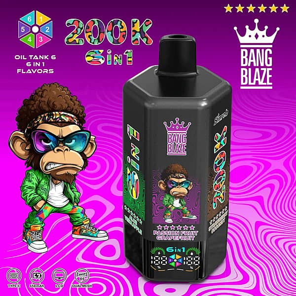 Bang Blaze 200K 6-in-1 disposable vape &ndash; Banana Ice, Aloe Vera, Apple, Passion Fruit, Grapefruit, Strawberry Coconut, Strawberry Watermelon Bubblegum, Watermelon Lime Ice
