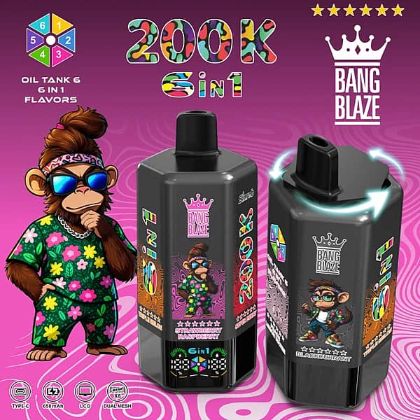Bang Blaze 200K 6-in-1 disposable vape &ndash; Blackcurrant, Triple Melon, Strawberry Raspberry, Super Berry, Blueberry Blackberry, Strawberry Peach Lemon Water