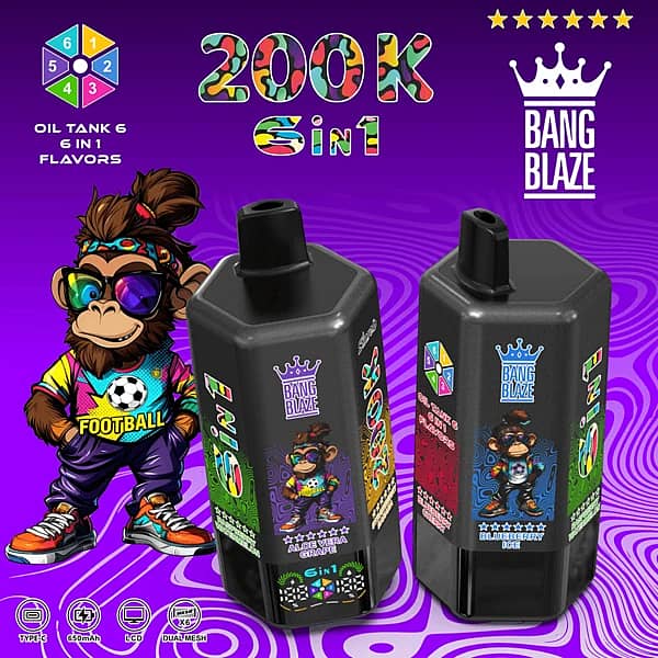 Bang Blaze 200K 6-in-1 disposable vape &ndash; Blueberry Ice, Raspberry Watermelon, Aloe Vera Grape, Strawberry Banana, Love 66, Blueberry Cherry