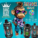 Bang Blaze 200K 6-in-1 disposable vape &ndash; Cherry Ice, Pink Lemon, Blueberry Mint, Banana Ice Cream, Passion Fruit Pineapple, Peach Ice, Green Apple Kiwi