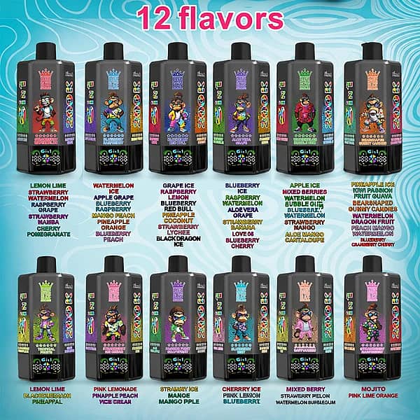 Bang Blaze 200K 12 flavors lineup chart showing all 6-in-1 disposable vape options and flavor combinations