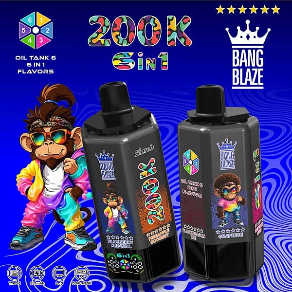 Bang Blaze 200K 6-in-1 disposable vape &ndash; Grape Ice, Raspberry Lemon, Blueberry Red Bull, Pineapple Coconut, Strawberry Lychee, Black Dragon Ice