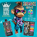 Bang Blaze 200K 6-in-1 disposable vape with multi-flavor selector, LCD display, dual mesh coil, and USB-C charging