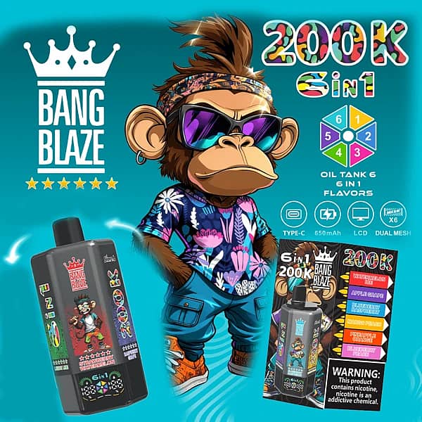 Bang Blaze 200K 6-in-1 disposable vape with multi-flavor selector, LCD display, dual mesh coil, and USB-C charging