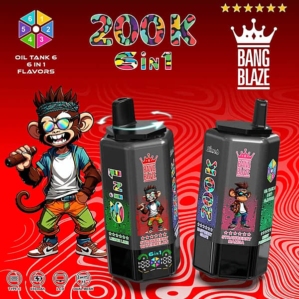 Bang Blaze 200K 6-in-1 disposable vape &ndash; Peach Ice, Lemon Lime, Strawberry Watermelon, Raspberry Grape, Strawberry Manba, Cherry Pomegranate