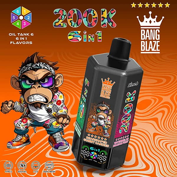 Bang Blaze 200K 6-in-1 disposable vape with Pineapple Ice, Kiwi Passion Fruit Guava, Gummy Candies, Watermelon Dragon Fruit, Peach Mango Watermelon, Blueberry Cranberry Cherry
