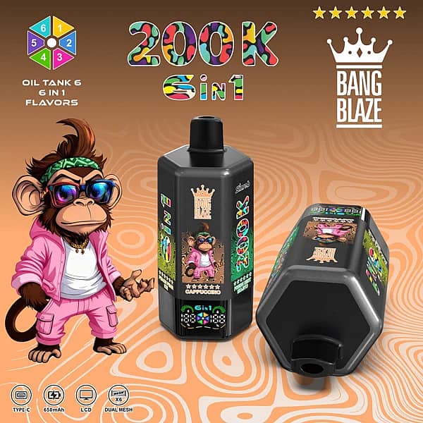 Bang Blaze 200K 6-in-1 disposable vape with Rainbow Candy, Peach Pear Ice, Cappuccino, Fresh Mint, Mojito, Strawberry Mango, and Blackcurrant Marshmallow