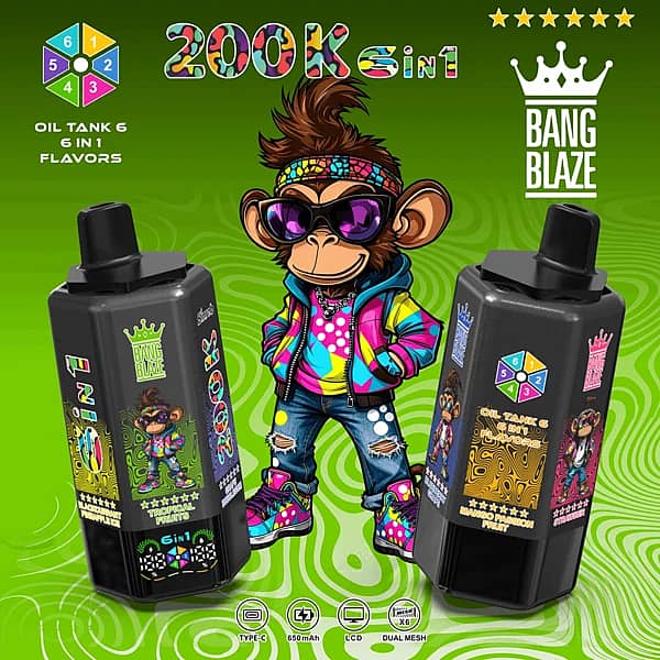 Bang Blaze 200K 6-in-1 disposable vape featuring Strawberry Blackcurrant, Pineapple Ice, Tropical Fruits, Grape Bubblegum, Blueberry Grape, and Mango Passion Fruit