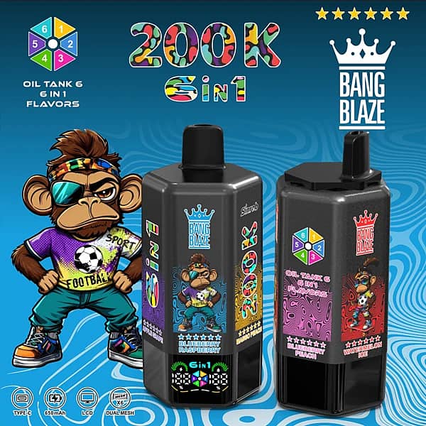 Bang Blaze 200K 6-in-1 disposable vape with six flavors: Watermelon Ice, Apple Grape, Blueberry Raspberry, Mango Peach, Pineapple Orange, and Blueberry Peach.