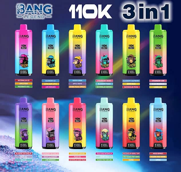 Bang Legend 110K 3-in-1 disposable vape flavor chart showing 12 flavor options and 110000 puffs lineup