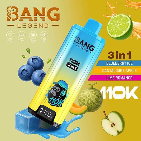 Bang Legend 110K 3-in-1 disposable vape with Blueberry Ice, Cantaloupe Apple, and Lime Romance flavors (110000 puffs)