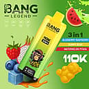 Bang Legend 110K 3-in-1 disposable vape with Blueberry Raspberry, Gummy Bear, and Watermelon Pitaya flavors (110000 puffs)