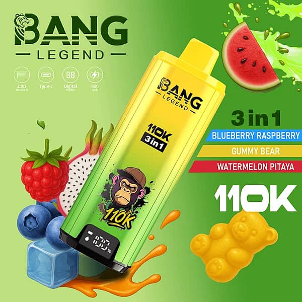 Bang Legend 110K 3-in-1 disposable vape with Blueberry Raspberry, Gummy Bear, and Watermelon Pitaya flavors (110000 puffs)