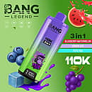 Bang Legend 110K 3-in-1 disposable vape with Blueberry Watermelon, Grape Ice, and Futu Ice flavors (110000 puffs)