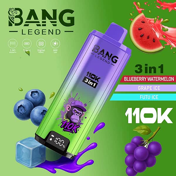Bang Legend 110K 3-in-1 disposable vape with Blueberry Watermelon, Grape Ice, and Futu Ice flavors (110000 puffs)