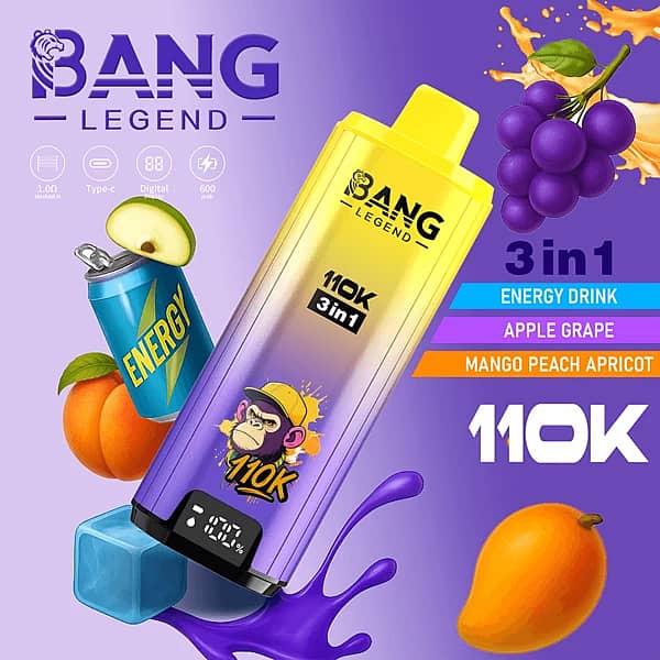Bang Legend 110K 3-in-1 disposable vape with Energy Drink, Apple Grape, and Mango Peach Apricot flavors (110000 puffs)